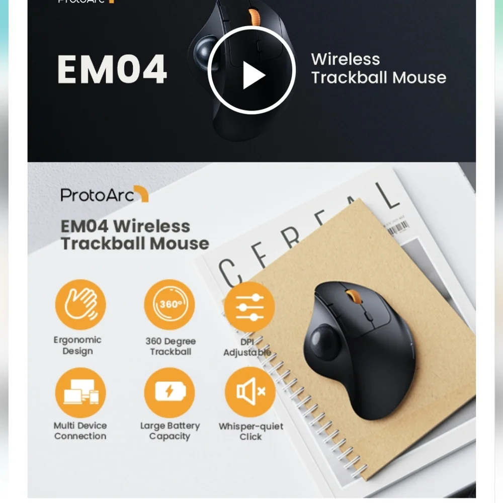 ProtoArc Wireless Trackball Mouse EM04 Ergonomic Bluetooth Rollerball Mouse